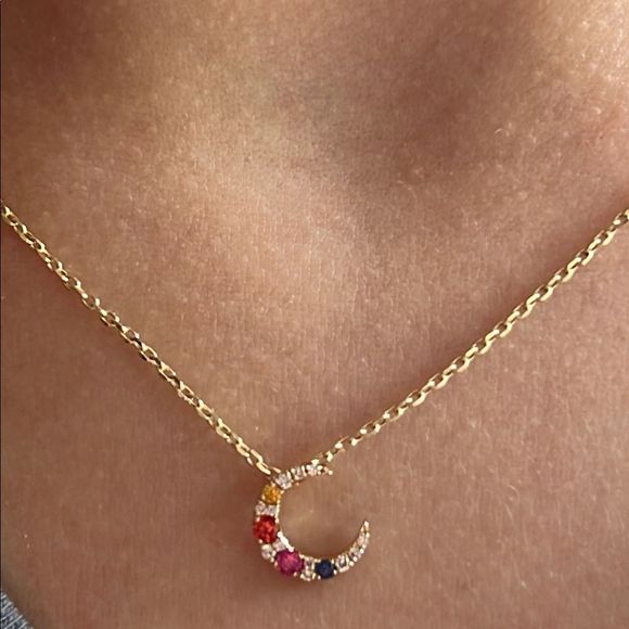 14K Yellow Gold Mini Diamond and Sapphire Crescent Moon Necklace - Picture 4 of 7